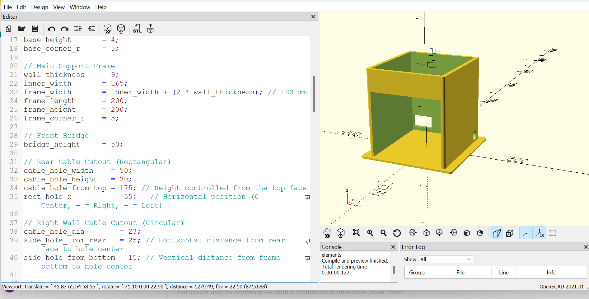 OpenSCAD parametric model of the kiosk frame with editable dimensions