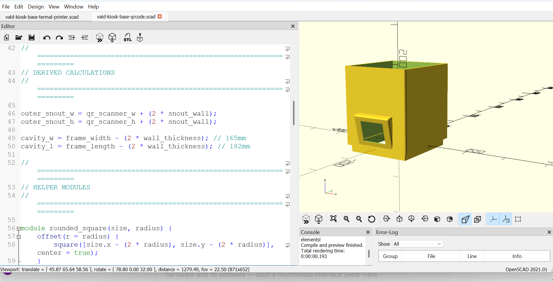 OpenSCAD model of the QR-code scanner housing module