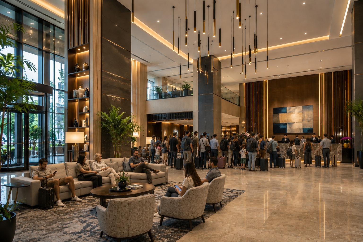 Busy hotel lobby with a long check-in line